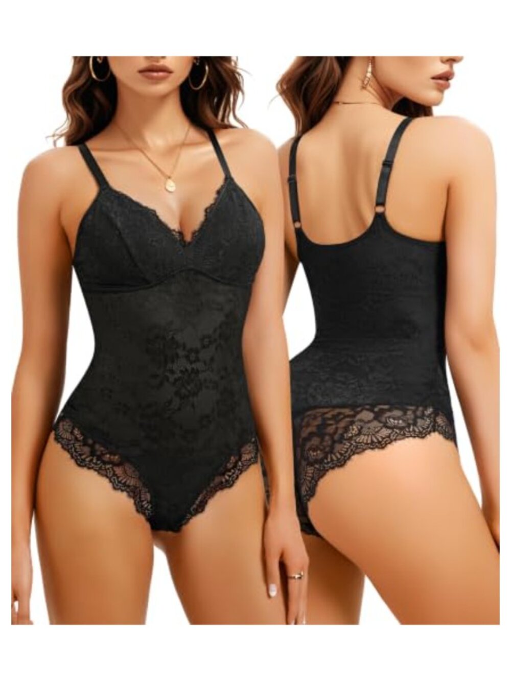 Lace Shapewear Bodysuit Tummy Control Body Shaper Fajas Women Deep V Neck